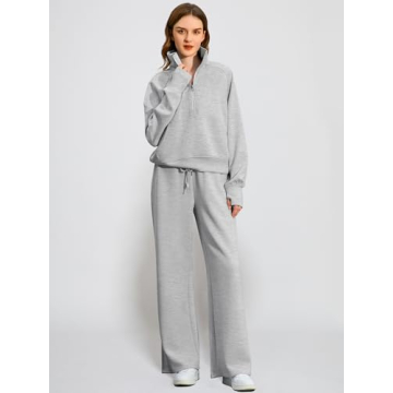 Lounge Sets for Women 2025 Fall Winter 2 Piece Outfits Half Zip Sweatshirt Wide Leg Sweatpant Lounge Matching Sweat Set Athleisure Wear Travel Clothes Set Sweatsuit Tracksuit Light Grey S