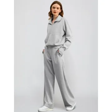 Lounge Sets for Women 2025 Fall Winter 2 Piece Outfits Half Zip Sweatshirt Wide Leg Sweatpant Lounge Matching Sweat Set Athleisure Wear Travel Clothes Set Sweatsuit Tracksuit Light Grey S