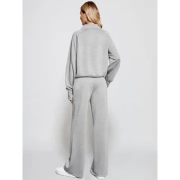 Lounge Sets for Women 2025 Fall Winter 2 Piece Outfits Half Zip Sweatshirt Wide Leg Sweatpant Lounge Matching Sweat Set Athleisure Wear Travel Clothes Set Sweatsuit Tracksuit Light Grey S