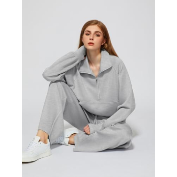Lounge Sets for Women 2025 Fall Winter 2 Piece Outfits Half Zip Sweatshirt Wide Leg Sweatpant Lounge Matching Sweat Set Athleisure Wear Travel Clothes Set Sweatsuit Tracksuit Light Grey S