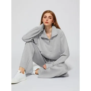 Lounge Sets for Women 2025 Fall Winter 2 Piece Outfits Half Zip Sweatshirt Wide Leg Sweatpant Lounge Matching Sweat Set Athleisure Wear Travel Clothes Set Sweatsuit Tracksuit Light Grey S