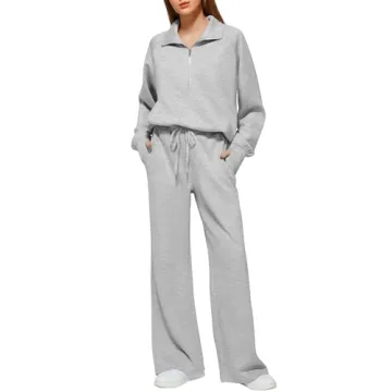 Lounge Sets for Women 2025 Fall Winter 2 Piece Outfits Half Zip Sweatshirt Wide Leg Sweatpant Lounge Matching Sweat Set Athleisure Wear Travel Clothes Set Sweatsuit Tracksuit Light Grey S