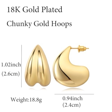 Chunky Gold Hoop Earrings Women 18k Gold Plated Hypoallergenic