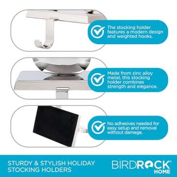 BIRDROCK HOME Christmas Stocking Holders for Mantle - Weighted Metal Hanger for Stockings & Holiday Decor - Metal Hook for Fireplace, Staircase, Shelf - Non-Scratch Base - Holiday Collection, Set of 4