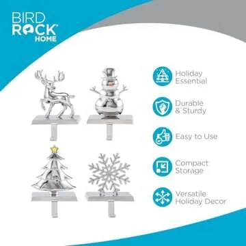 BIRDROCK HOME Christmas Stocking Holders for Mantle - Weighted Metal Hanger for Stockings & Holiday Decor - Metal Hook for Fireplace, Staircase, Shelf - Non-Scratch Base - Holiday Collection, Set of 4