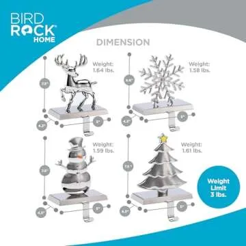 BIRDROCK HOME Christmas Stocking Holders for Mantle - Weighted Metal Hanger for Stockings & Holiday Decor - Metal Hook for Fireplace, Staircase, Shelf - Non-Scratch Base - Holiday Collection, Set of 4
