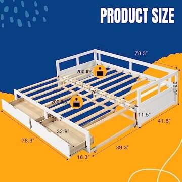 May in Color Extendable Twin to King Daybed, Wood Beds Frames with Pull Out Trundle&Storage Drawers,...