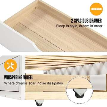 May in Color Extendable Twin to King Daybed, Wood Beds Frames with Pull Out Trundle&Storage Drawers, Sofa Day Bed Frame Twin Size Bed No Box Spring Needed for Children, Girls, Boys (White)