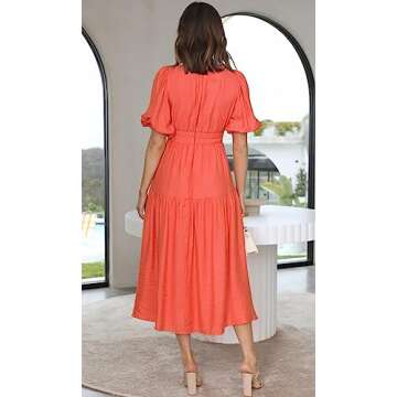 Yuemengxuan Womens Puff Sleeve Maxi Dress Deep V-Neck Smocked Long Dress Sexy Flowy Zipper Back Summ...