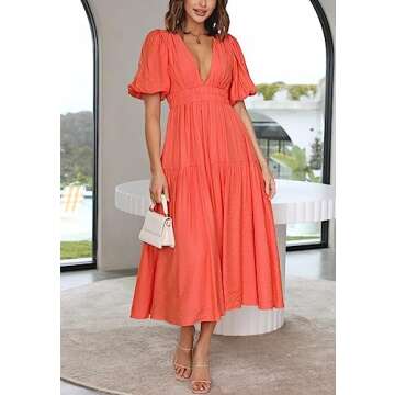 Yuemengxuan Womens Puff Sleeve Maxi Dress Deep V-Neck Smocked Long Dress Sexy Flowy Zipper Back Summer Party Dress, Orange, Small