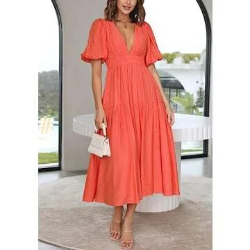 Yuemengxuan Womens Puff Sleeve Maxi Dress Deep V-Neck Smocked Long Dress Sexy Flowy Zipper Back Summer Party Dress, Orange, Small