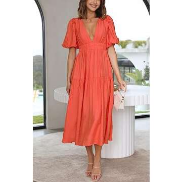 Yuemengxuan Womens Puff Sleeve Maxi Dress Deep V-Neck Smocked Long Dress Sexy Flowy Zipper Back Summer Party Dress, Orange, Small