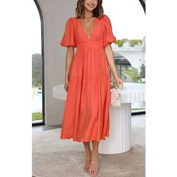 Yuemengxuan Womens Puff Sleeve Maxi Dress Deep V-Neck Smocked Long Dress Sexy Flowy Zipper Back Summer Party Dress, Orange, Small