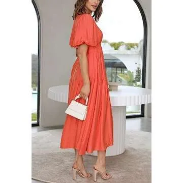 Yuemengxuan Womens Puff Sleeve Maxi Dress Deep V-Neck Smocked Long Dress Sexy Flowy Zipper Back Summer Party Dress, Orange, Small
