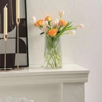 MARTAGE Clear Glass Vase for Flower, Glass Flower Vase, Flower Vase for Bouquet, Modern Glass Vase, Ribbed Glass Vase for Living Room, Bedroom, Dining Table, Office, Wedding, Centerpieces, 8 Inches