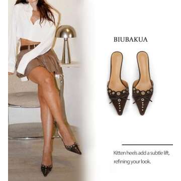 BIUBAKUA Kitten Heels for Women Brown Pointed Toe Heels Studded Slip On Bow Heels Mules Faux Suede Pumps Kitten Heel Sandals