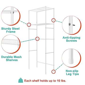 fusehome Over The Toilet Storage, 3-Tier Bathroom Organizer Shelf, Freestanding Space Saver, Toilet Stand, with Anti-Tip Kit, Waterproof Feet Pads, for Bathroom, Laundry, White