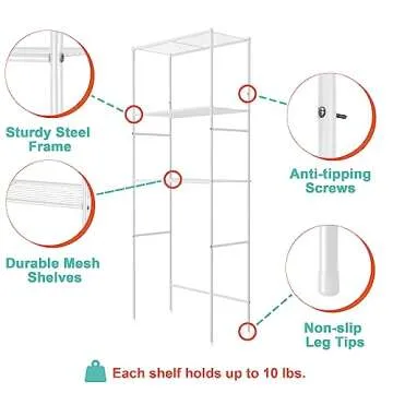 fusehome Over The Toilet Storage, 3-Tier Bathroom Organizer Shelf, Freestanding Space Saver, Toilet Stand, with Anti-Tip Kit, Waterproof Feet Pads, for Bathroom, Laundry, White