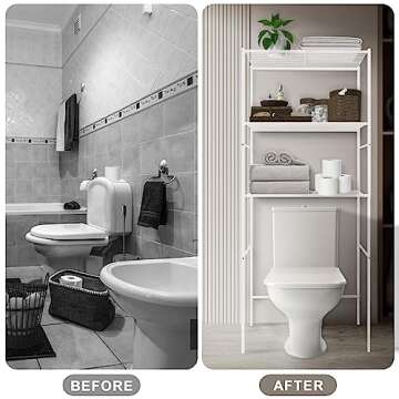 fusehome Over The Toilet Storage, 3-Tier Bathroom Organizer Shelf, Freestanding Space Saver, Toilet Stand, with Anti-Tip Kit, Waterproof Feet Pads, for Bathroom, Laundry, White