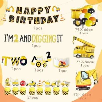 Construction Party Supplies for 2nd Birthday Dump Truck and Digger Birthday Party Supplies include Backdrop Cake Topper Balloon Garland Monthly Photo High Chair Banner Box Cutout Crown