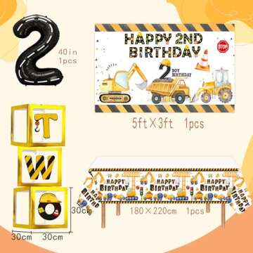 Construction Party Supplies for 2nd Birthday Dump Truck and Digger Birthday Party Supplies include Backdrop Cake Topper Balloon Garland Monthly Photo High Chair Banner Box Cutout Crown
