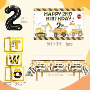 Construction Party Supplies for 2nd Birthday Dump Truck and Digger Birthday Party Supplies include Backdrop Cake Topper Balloon Garland Monthly Photo High Chair Banner Box Cutout Crown
