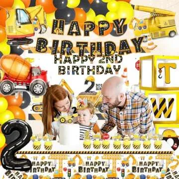 Construction Party Supplies for 2nd Birthday Dump Truck and Digger Birthday Party Supplies include Backdrop Cake Topper Balloon Garland Monthly Photo High Chair Banner Box Cutout Crown