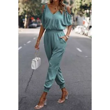 PRETTYGARDEN Women’s Casual Wrap V Neck Cold Shoulder Jumpsuit