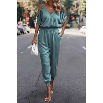 PRETTYGARDEN Jumpsuit for Women Casual Wrap V Neck Cold Shoulder One Piece Outfits Pants Romper (Fruit Green,Small)