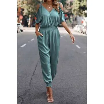 PRETTYGARDEN Women’s Casual Wrap V Neck Cold Shoulder Jumpsuit