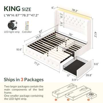LARMACE King Size Bed Frame with Storage Drawers and Tufted Headboard Velvet Upholstered Platform Be...