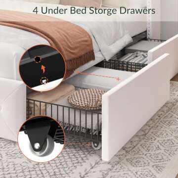 LARMACE King Size Bed Frame with Storage Drawers and Tufted Headboard Velvet Upholstered Platform Bed Frame with LED Light Wingback Beds with Wooden Slats Support, Easy Assembly, White