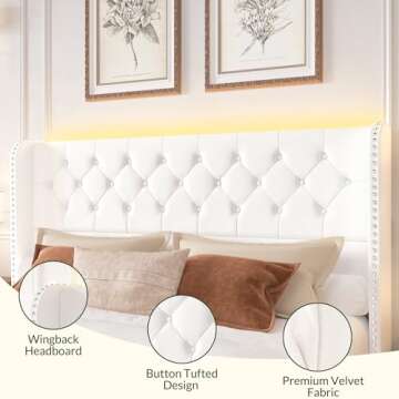 LARMACE King Size Bed Frame with Storage Drawers and Tufted Headboard Velvet Upholstered Platform Bed Frame with LED Light Wingback Beds with Wooden Slats Support, Easy Assembly, White
