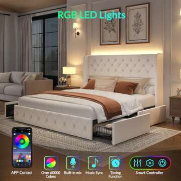 LARMACE King Size Bed Frame with Storage Drawers and Tufted Headboard Velvet Upholstered Platform Bed Frame with LED Light Wingback Beds with Wooden Slats Support, Easy Assembly, White