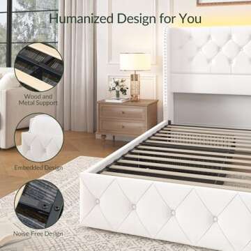 LARMACE King Size Bed Frame with Storage Drawers and Tufted Headboard Velvet Upholstered Platform Bed Frame with LED Light Wingback Beds with Wooden Slats Support, Easy Assembly, White