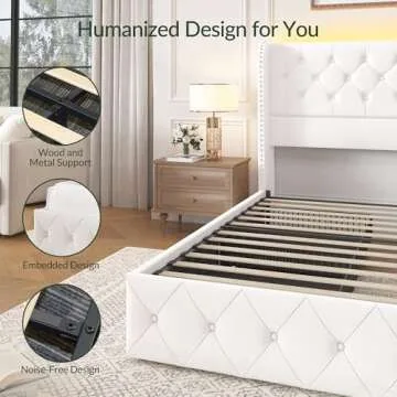 LARMACE King Size Bed Frame with Storage Drawers and Tufted Headboard Velvet Upholstered Platform Bed Frame with LED Light Wingback Beds with Wooden Slats Support, Easy Assembly, White