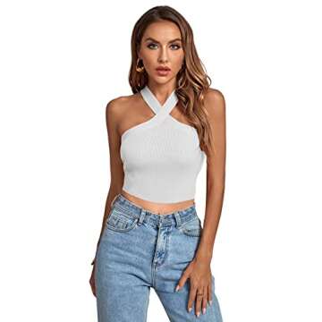 Umenlele Women's Criss Cross Halter Crop Top Sleeveless Ribbed Knit Cami Tank Tops White X-Small