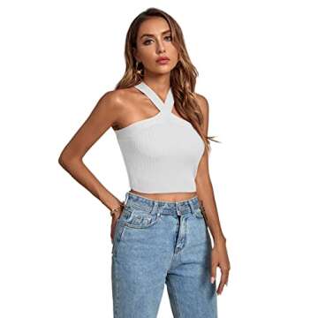 Umenlele Women's Criss Cross Halter Crop Top Sleeveless Ribbed Knit Cami Tank Tops White X-Small