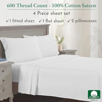 California Design Den Queen Size Sheet Set, 600 Thread Count 100% Cotton Sheets, Luxury Deep Pocket Queen Sheets Cotton Sateen, Hotel-Quality Queen Sheet Set - White Sheets