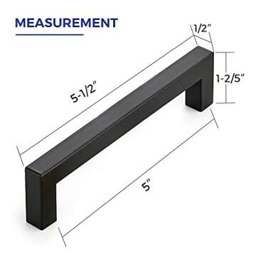 5 Pack Matte Black Cabinet Pulls, 5.5 Inch Cabinet Door Handles with 5 Inch Hole Center, Square Kitchen Hardware for Doors, Drawers & Cupboards, Black Stainless Steel