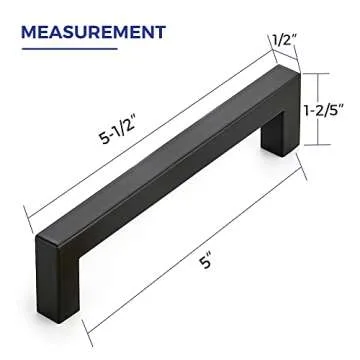 5 Pack Matte Black Cabinet Pulls, 5.5 Inch Cabinet Door Handles with 5 Inch Hole Center, Square Kitchen Hardware for Doors, Drawers & Cupboards, Black Stainless Steel