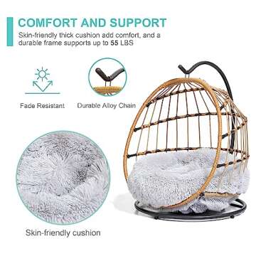 SWITTE Cat Bed Pet Egg Chair Hanging Swing Bed Hand Made Rattan Hammock with Removable Soft Cushion Easy Cleaning Suitable Small Dog & Cats and Indoors & Outdoors-Light Grey