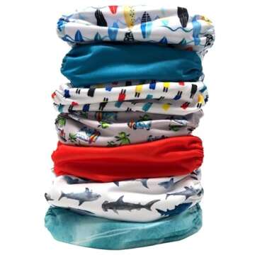 Nora's Nursery Cloth Diapers 7 Pack with 7 Inserts & 1 Wet Bag - Waterproof Cover, Washable, Reusable & One Size Adjustable Pocket Diapers for Newborns and Toddlers - Surfs Up