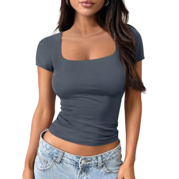 Chic Trendy Queen Women's Square Neck Short Sleeve Crop Top for Any Occasion