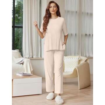 Ekouaer Lounge Sets for Women Short Sleeve Tops and Long Pants Soft Comfy Pajamas Set 2 Piece Outfits,Beige,M