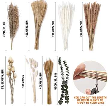 100PCS Pampas Grass Home Decor - 15.7” Pompas Grass for Dried Floral Arrangements, Fluffy White & Brown Pampas Grass, Pampas Grass with Burlap Lace, Dried Flower Bouquet for Boho Wedding Home Decor