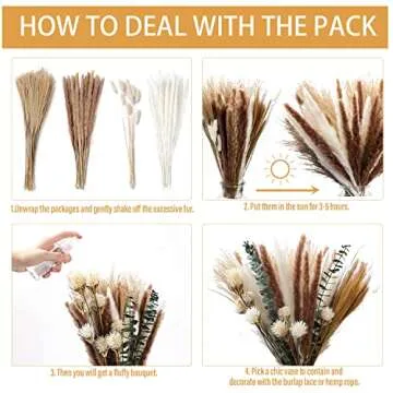 100PCS Pampas Grass Home Decor - 15.7” Pompas Grass for Dried Floral Arrangements, Fluffy White & Brown Pampas Grass, Pampas Grass with Burlap Lace, Dried Flower Bouquet for Boho Wedding Home Decor