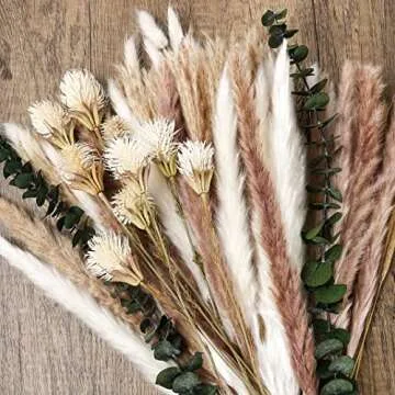 100PCS Pampas Grass Home Decor - 15.7” Pompas Grass for Dried Floral Arrangements, Fluffy White & Brown Pampas Grass, Pampas Grass with Burlap Lace, Dried Flower Bouquet for Boho Wedding Home Decor