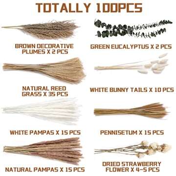 100PCS Pampas Grass Home Decor - 15.7” Pompas Grass for Dried Floral Arrangements, Fluffy White & Brown Pampas Grass, Pampas Grass with Burlap Lace, Dried Flower Bouquet for Boho Wedding Home Decor