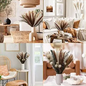 100PCS Pampas Grass Home Decor - 15.7” Pompas Grass for Dried Floral Arrangements, Fluffy White & Brown Pampas Grass, Pampas Grass with Burlap Lace, Dried Flower Bouquet for Boho Wedding Home Decor